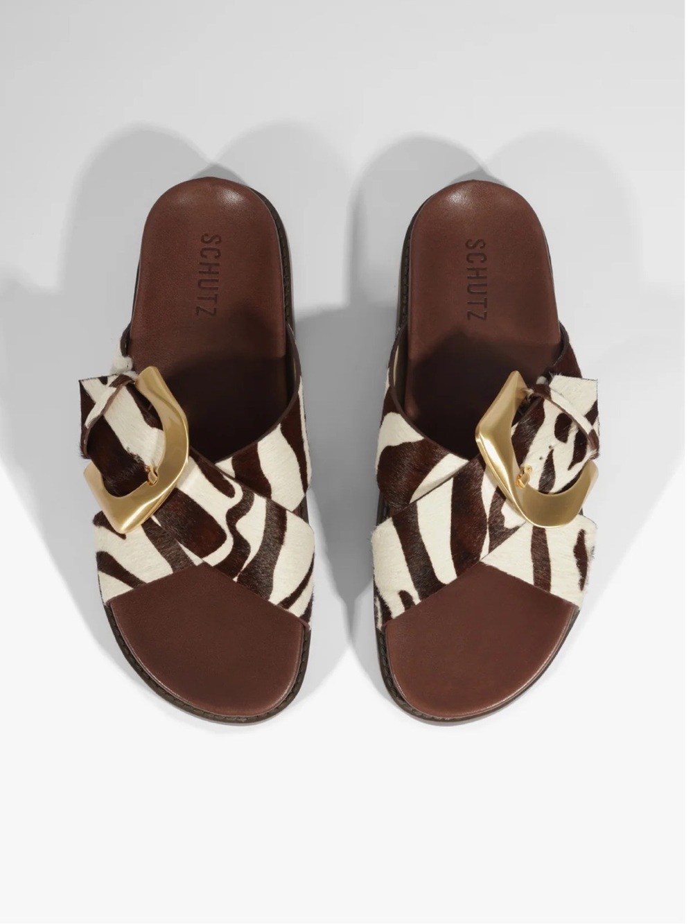 SCHUTZ Brown & White Zebra Print Slide with Gold Buckle